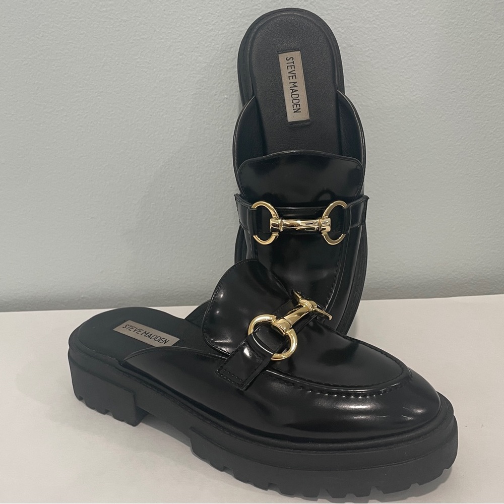 STEVE MADDEN Missk Black Patent Leather Chunky Lug Platform Mule Loafers  (7)
